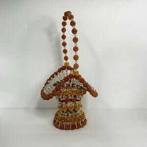 vintage handmade arts and crafts safety pin bead basket 13 inches tall red orang